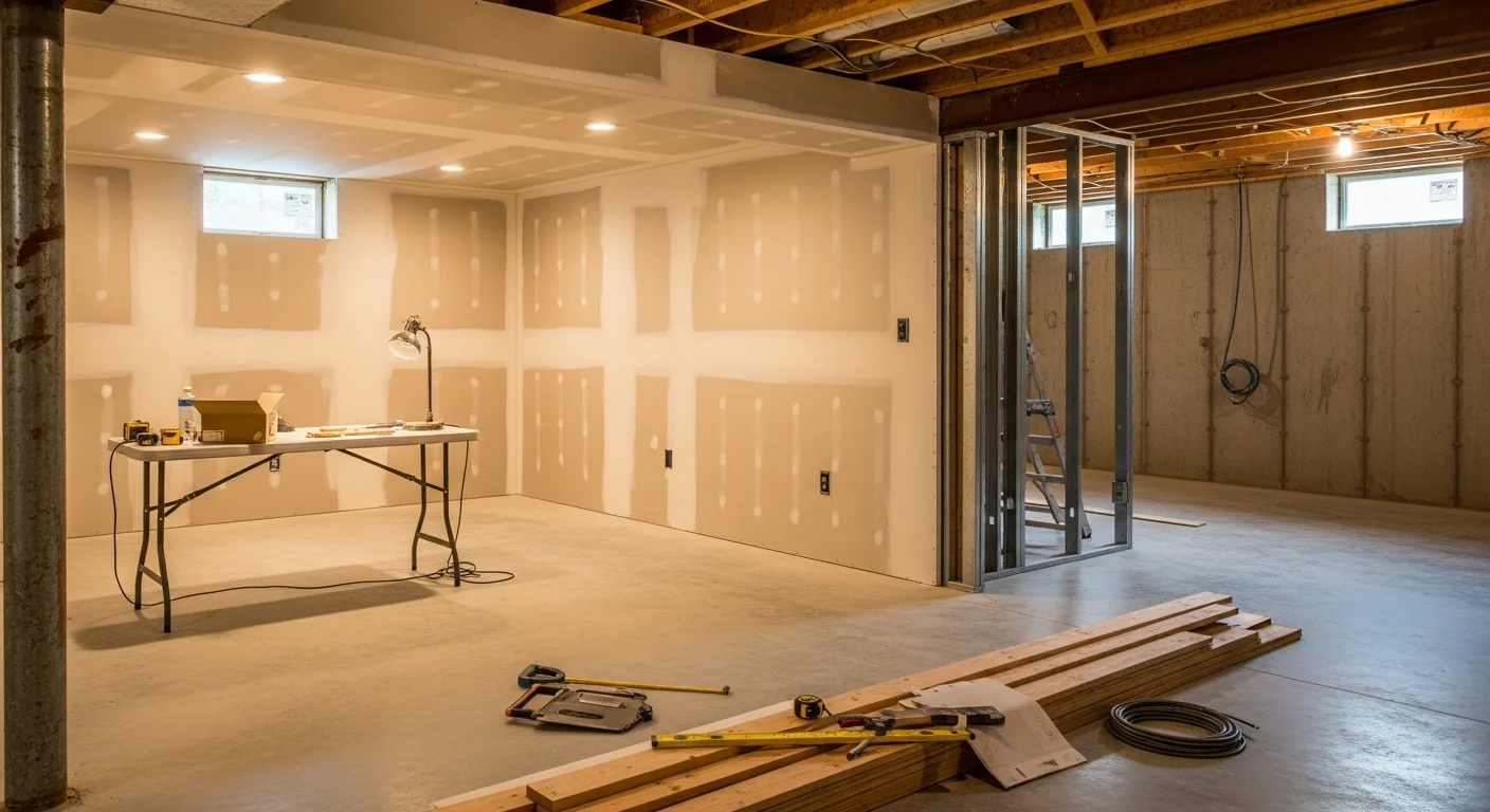 Finished basement with custom carpentry, flooring, and ceiling work