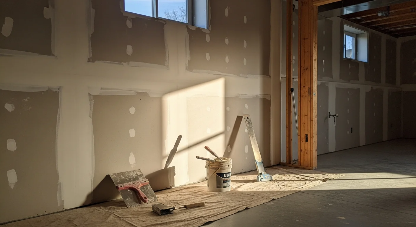 Drywall installation and finishing work in basement space