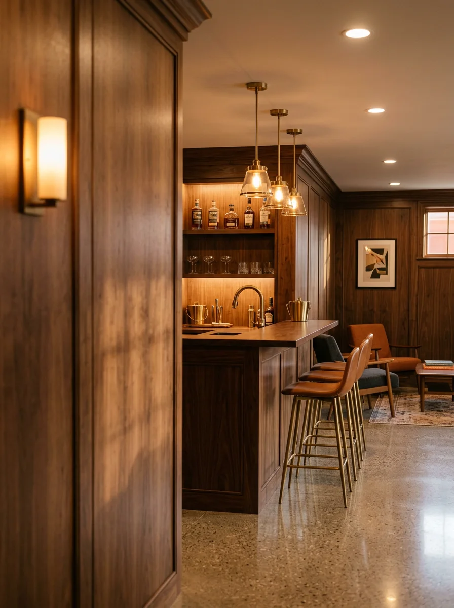 Custom basement bar and recreation space in mid-century Bloomfield Hills home