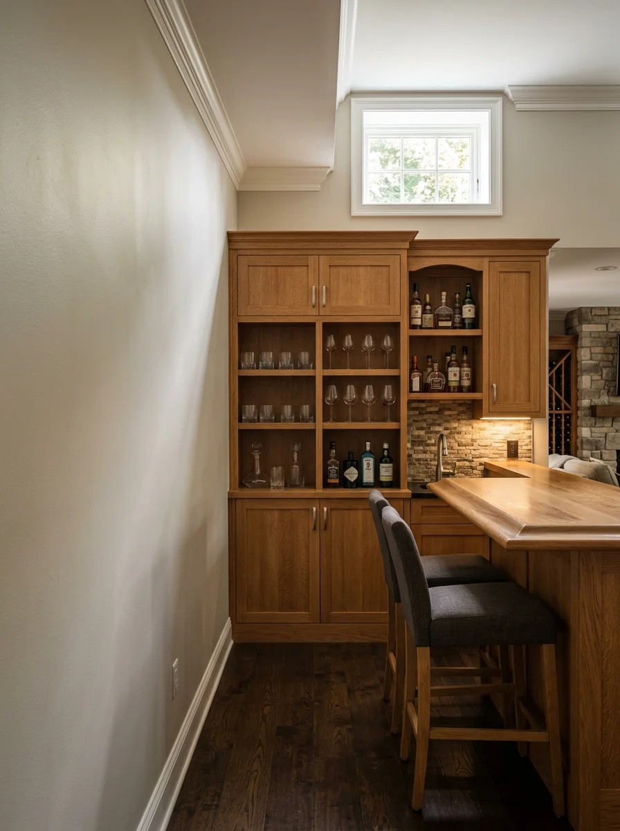 Finished basement with custom built-ins and bar in upscale Oakland Township home