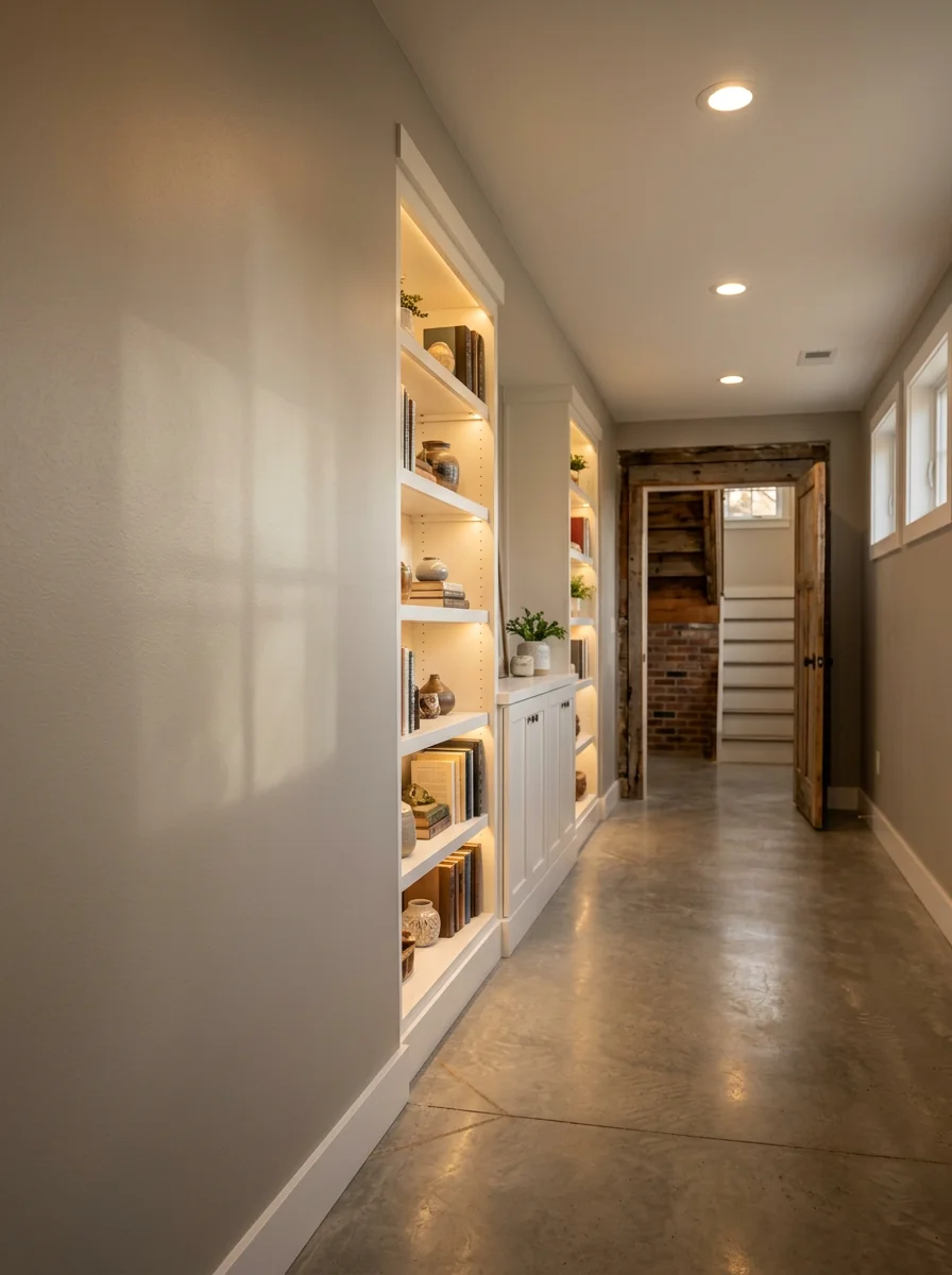 Finished basement with custom built-ins, drywall, and flooring in a Lake Orion home, showing moisture-resistant design for older foundations