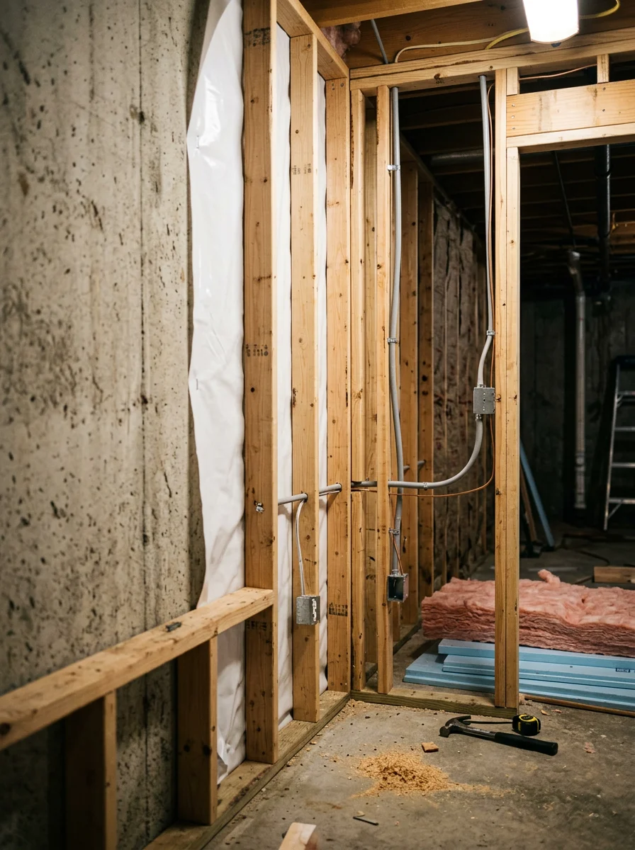 Basement framing and electrical installation in progress, showing vapor barrier and moisture-resistant materials for New Haven climate