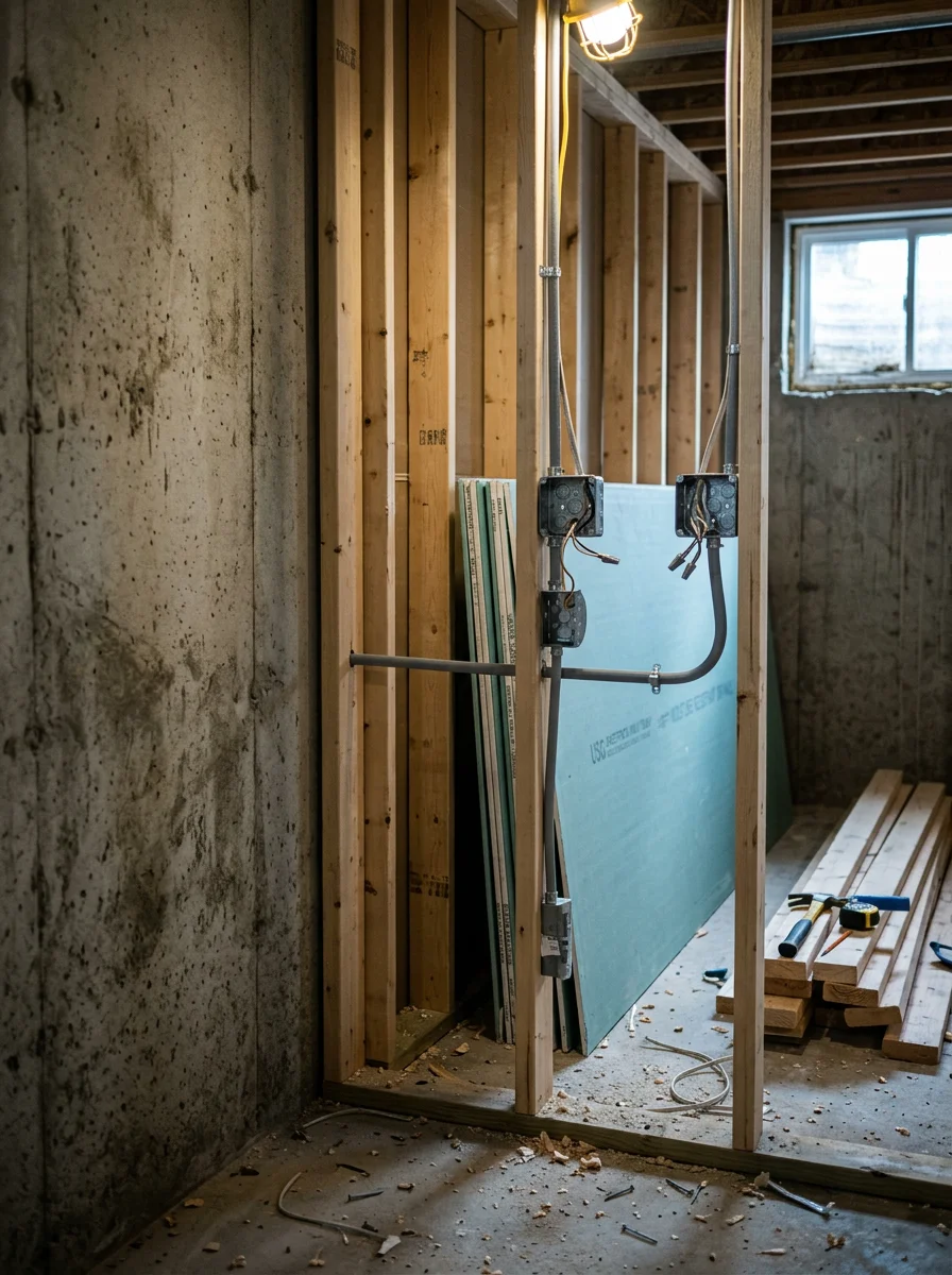 Basement electrical installation and moisture-resistant wall construction in progress