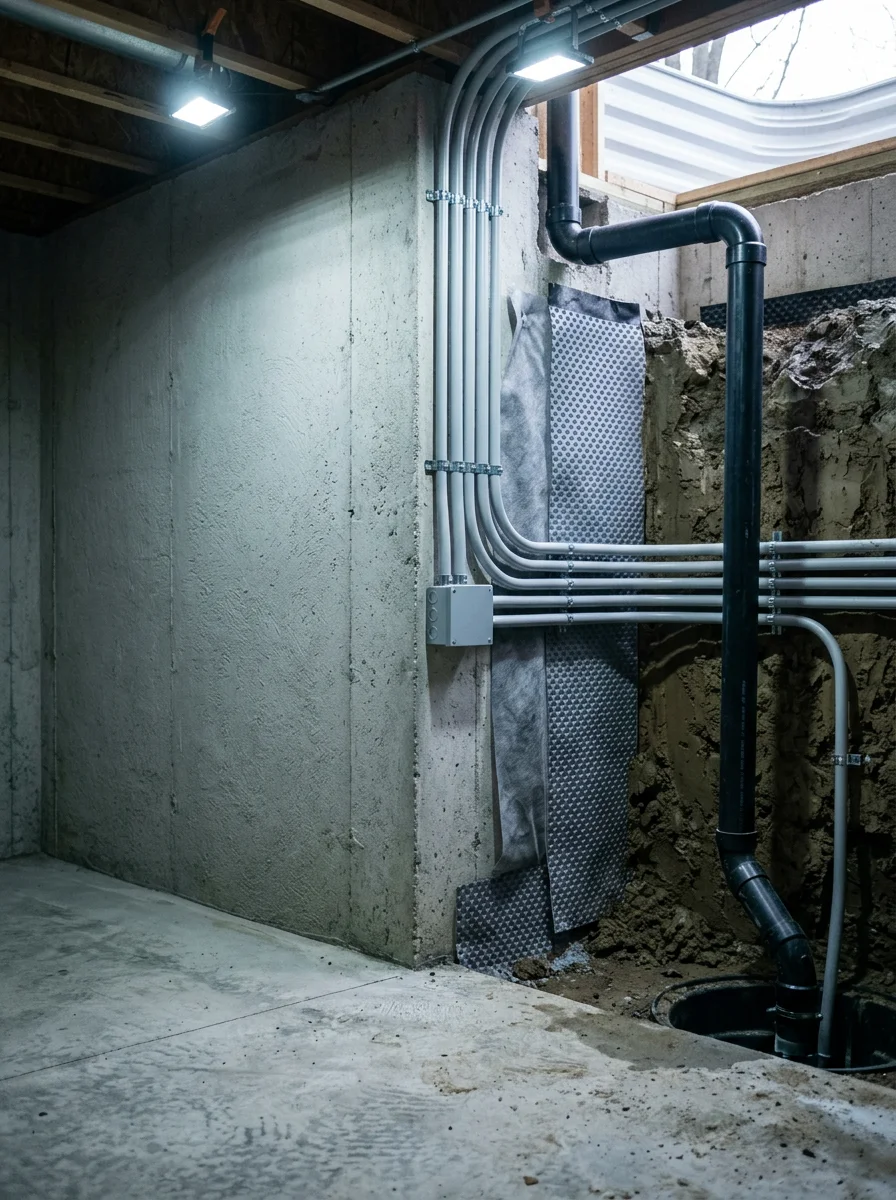 Basement electrical installation and moisture control system in a Rochester Hills home with dense clay soil foundation