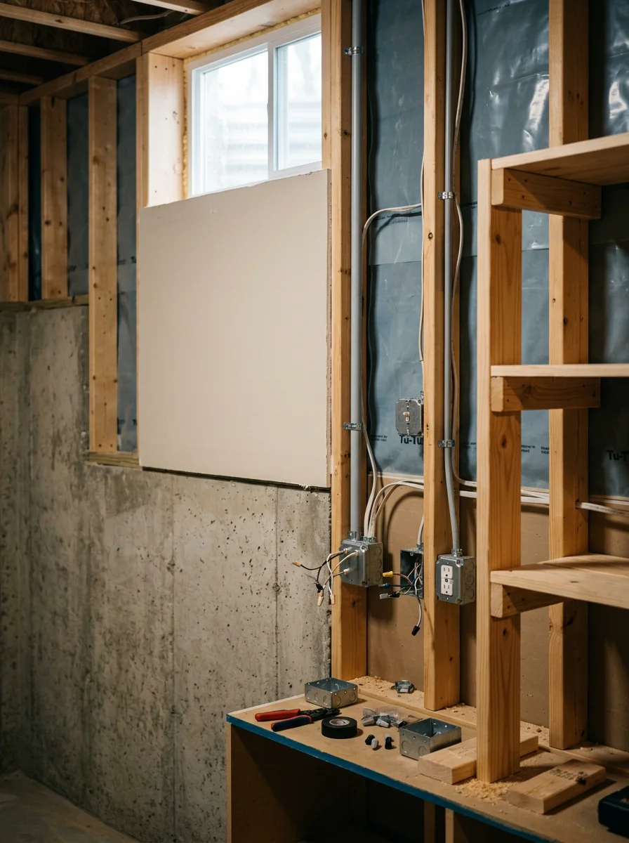 Basement electrical installation and custom built-in shelving in a Washington home, showing proper vapor barrier and drainage integration