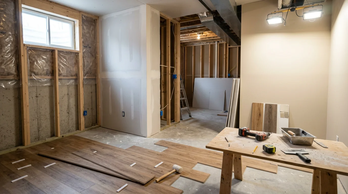 Modern finished basement in Washington, MI with custom framing, drywall, and flooring designed for moisture control