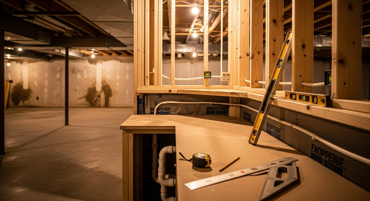 Custom basement bar built by Dillon Contracting in a Romeo, Michigan home, featuring wood cabinetry, a countertop bar surface, and recessed lighting above the serving area. The finished space reflects a below-grade build designed for year-round entertaining in a Macomb County residence.