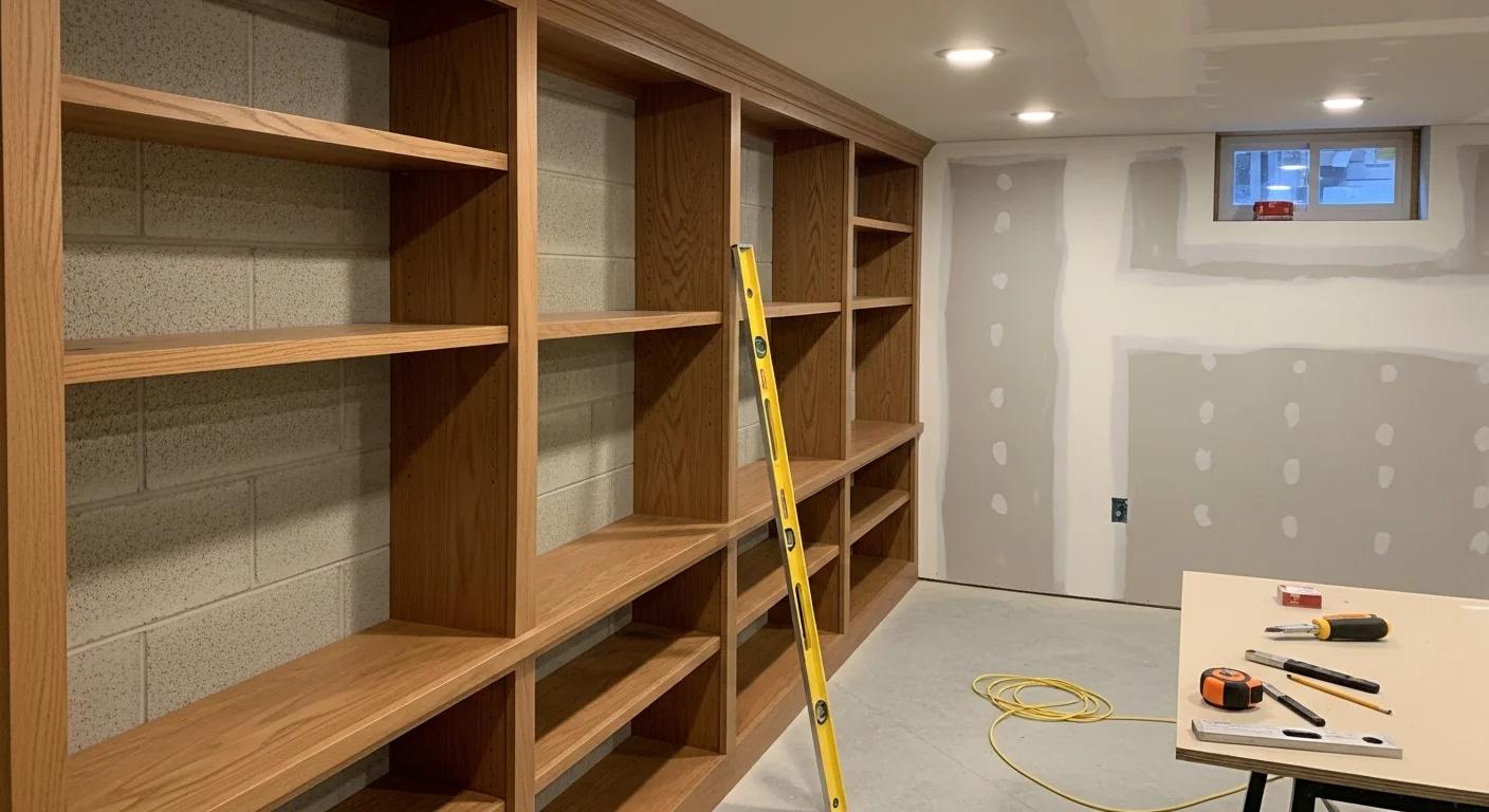 Finished basement in a Romeo, Michigan home showing framed walls, built-in wood shelving, and trim work completed by Dillon Contracting. The lower level is set up as a clean, organized living area with interior doors and custom storage along one wall.