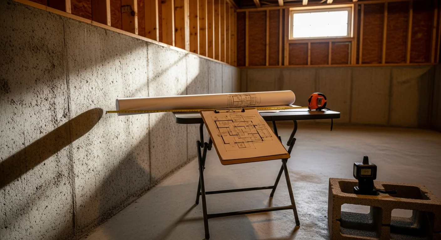 A Dillon Contracting basement design consultation in a Romeo, Michigan home, showing an unfinished lower level with a contractor reviewing layout measurements with a homeowner. The space reflects the older housing stock common in Romeo, with concrete block walls and an open floor plan ready for design planning.