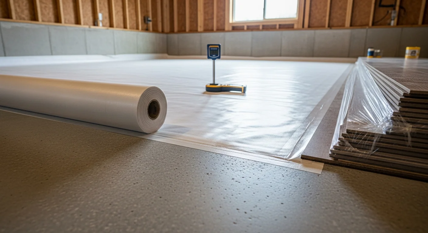 Newly installed moisture-resistant basement flooring in a Romeo, Michigan home, covering a fully prepared concrete slab in a finished lower-level living space. The room shows clean, even flooring with no visible seams or lifting, consistent with below-grade installation standards for Macomb County homes.