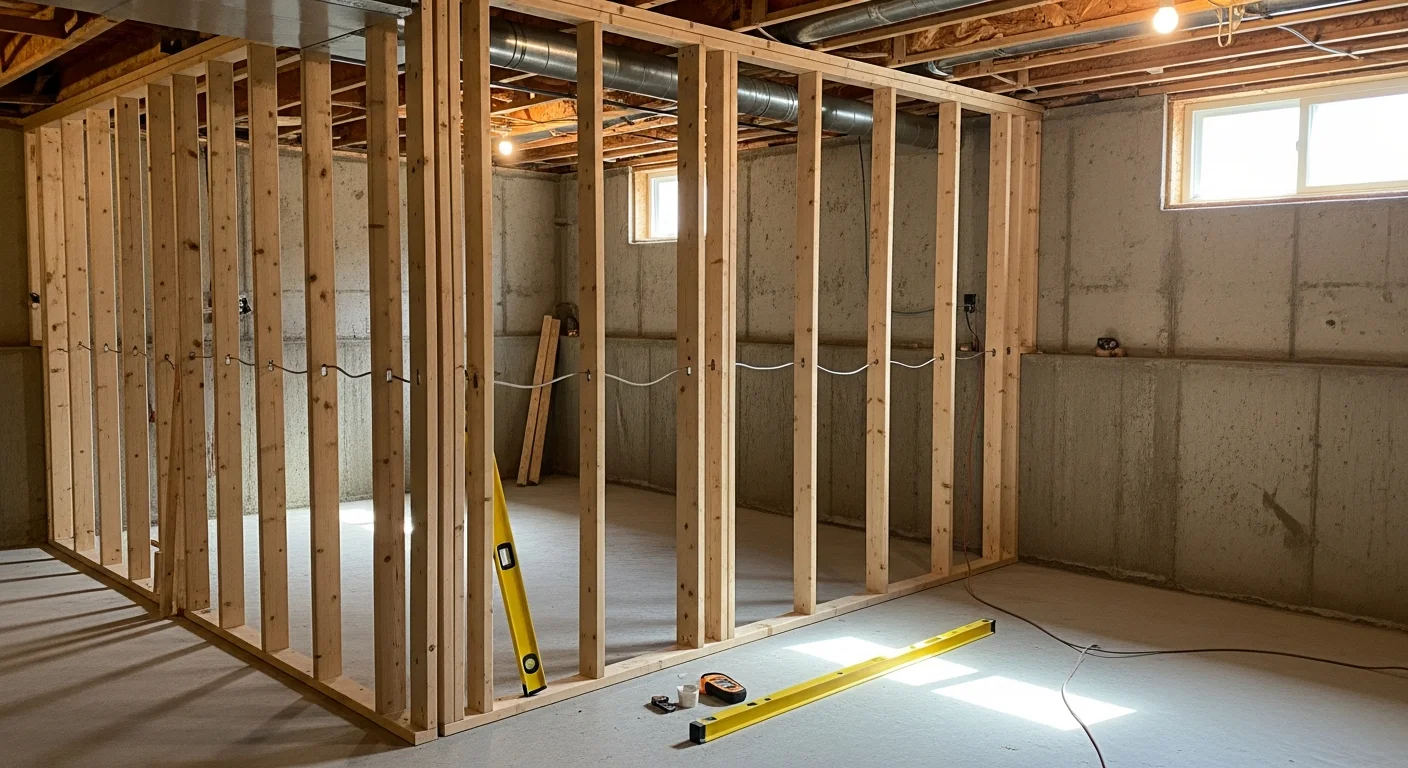 A finished basement in a Romeo, Michigan home featuring framed walls, recessed lighting, and durable flooring ready for use as a family room. The space shows clean drywall and a low ceiling profile typical of mid-century homes in Macomb County.