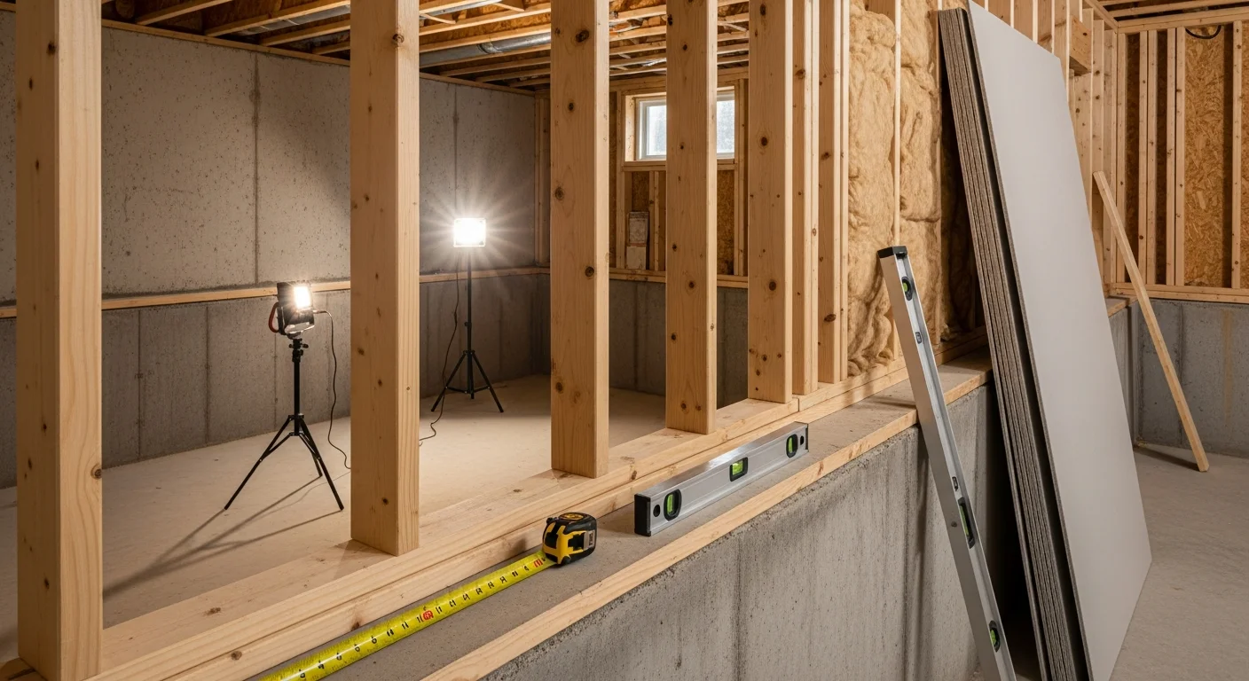 Freshly framed basement walls in a Romeo, Michigan home, showing wood stud framing installed along bare concrete foundation walls ready for insulation and drywall finishing. The below-grade space is being converted from unfinished storage into a livable room by Dillon Contracting.