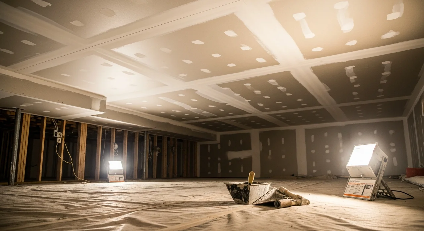 A freshly installed drywall ceiling in a Romeo, Michigan home interior, showing smooth taped seams and a paint-ready surface. The room reflects the single-family residential style common throughout the Romeo area.