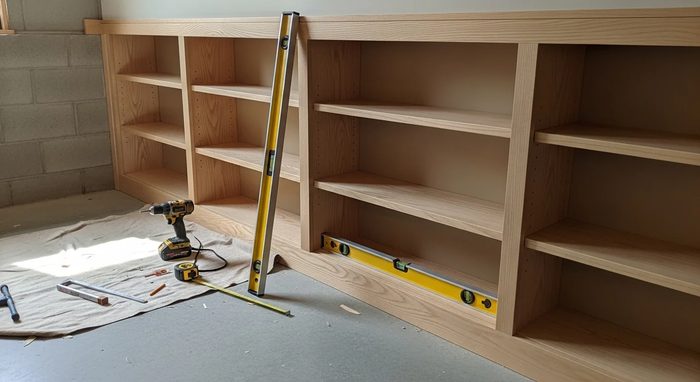 A floor-to-ceiling custom built-in bookcase with painted cabinet doors and open shelving installed along a living room wall in a Romeo, Michigan home. The unit is fitted to the room's existing trim and crown molding with tight joints and a clean painted finish.