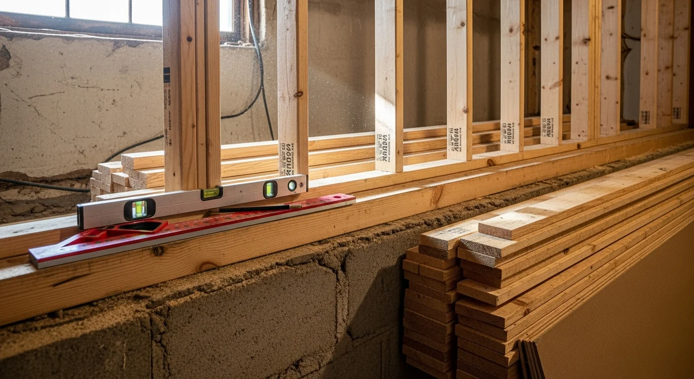 Custom wood wall framing in progress inside a Romeo, Michigan home addition, showing vertical studs, horizontal plates, and rough openings for windows. A carpenter measures and marks framing members on a subfloor inside an older residential structure.