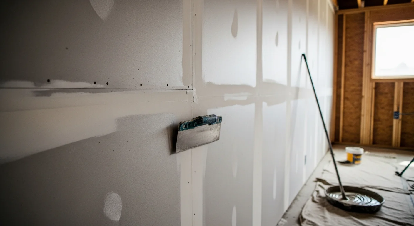 A freshly finished drywall surface inside a Romeo, MI home, showing smooth, seam-free walls ready for paint. A Dillon Contracting crew member sands a taped joint in a residential room with natural light coming through a window.