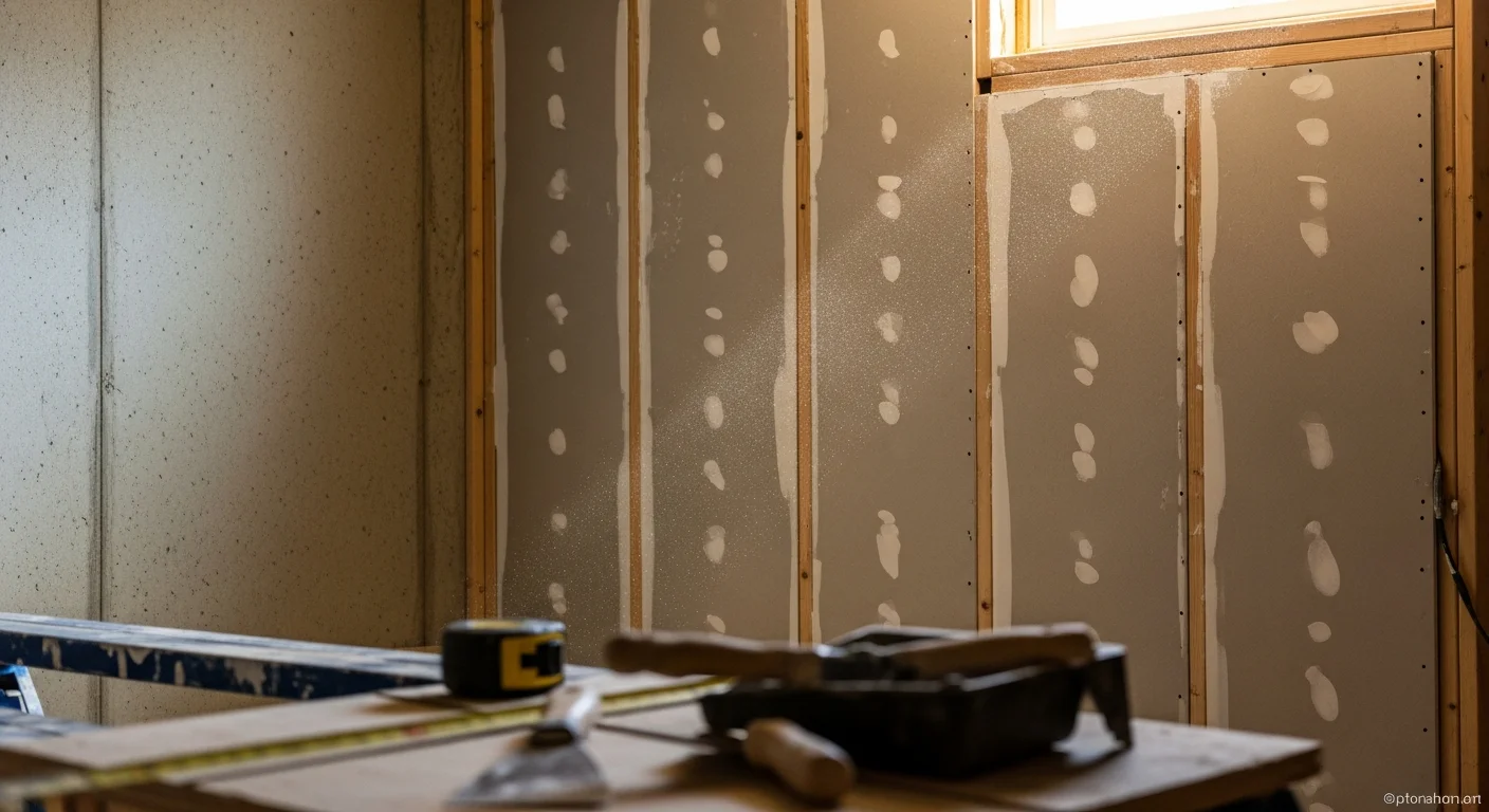 A freshly drywalled interior room in a Romeo, Michigan home with smooth taped seams and sanded walls ready for paint. A Dillon Contracting crew member applies joint compound along a ceiling seam in a residential remodel.