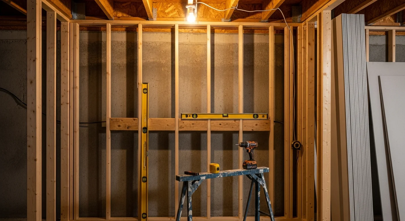 Interior wall framing in progress inside a Romeo, Michigan home, showing evenly spaced wood studs forming a new partition wall in an unfinished basement space. The framing is plumb and square, ready for drywall installation by Dillon Contracting.